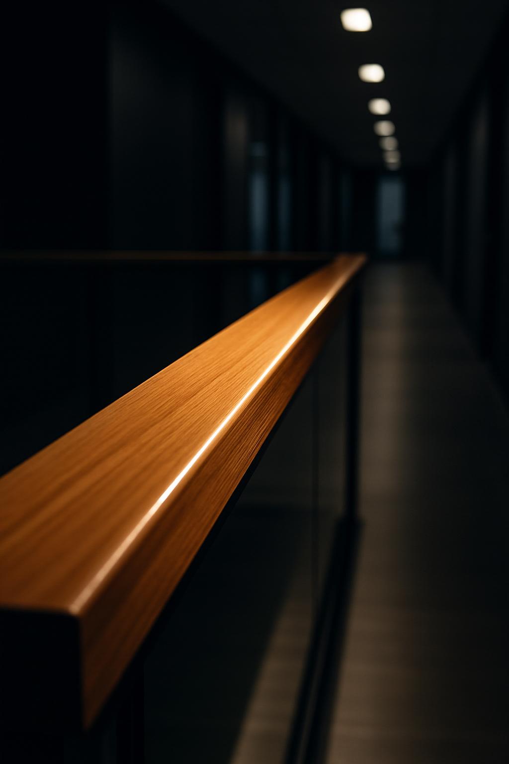 An empty hallway with a light wood handrail.
