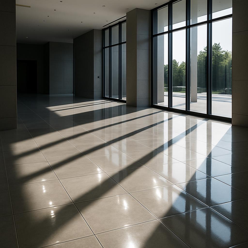 Empty room with sunlight casting stripes across the floor through multiple glass windows. Walls are tan stone, the floor i...