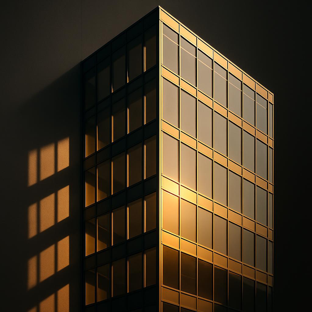 Templeton building illuminated by golden light at dusk. A glass box office building, cast in shadow, subtly framed by the ...