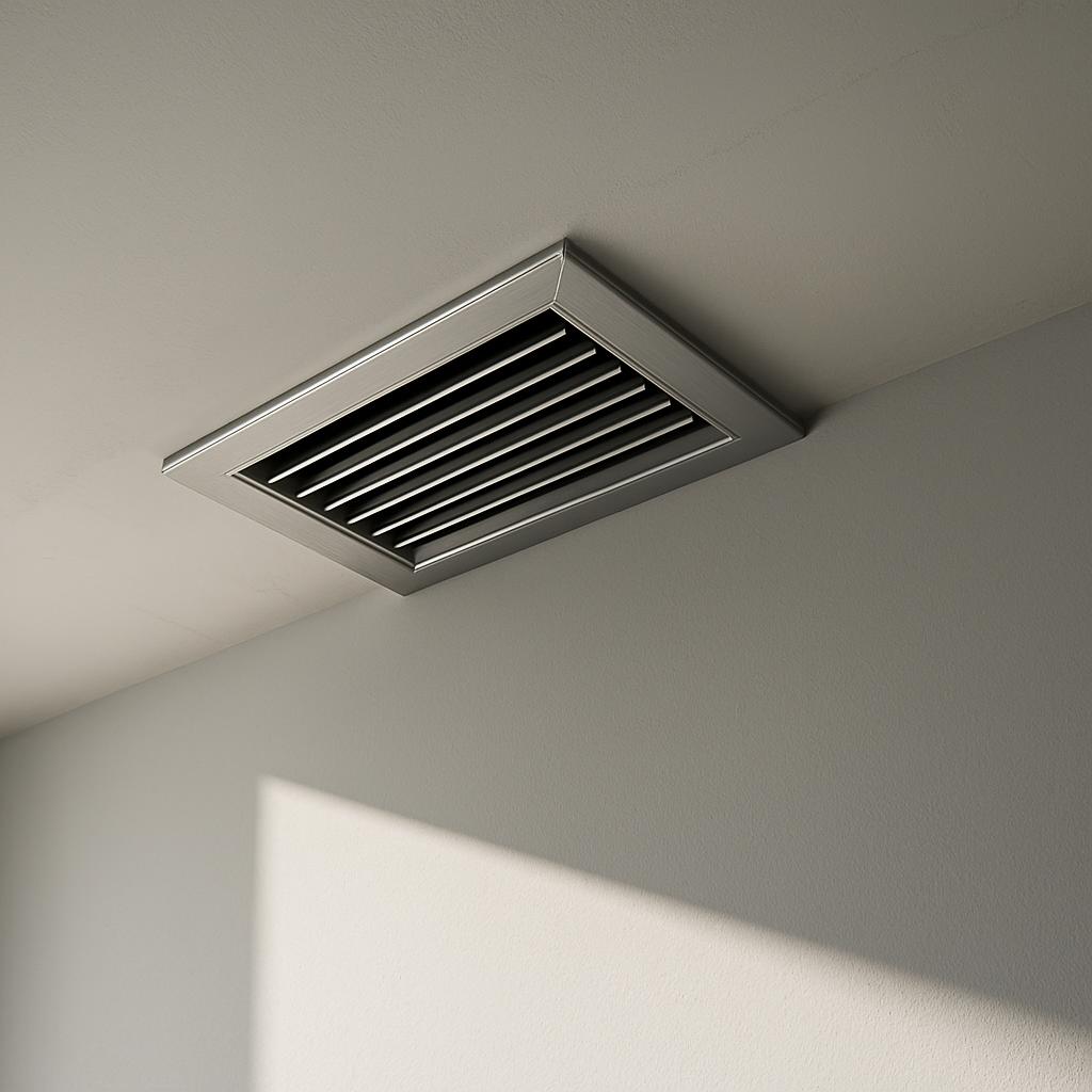 A metal vent is mounted on a ceiling, installed in a rectangular home ceiling. The vent has a square recessed frame and sl...
