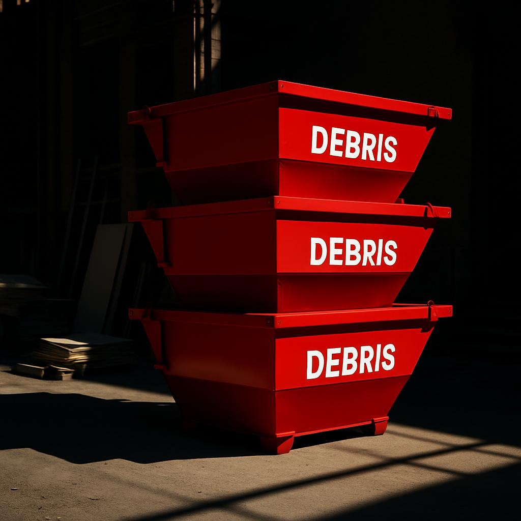 Industrial red dumpsters with the word "debris" written on them. Two are stacked, and one is behind them. The containers a...
