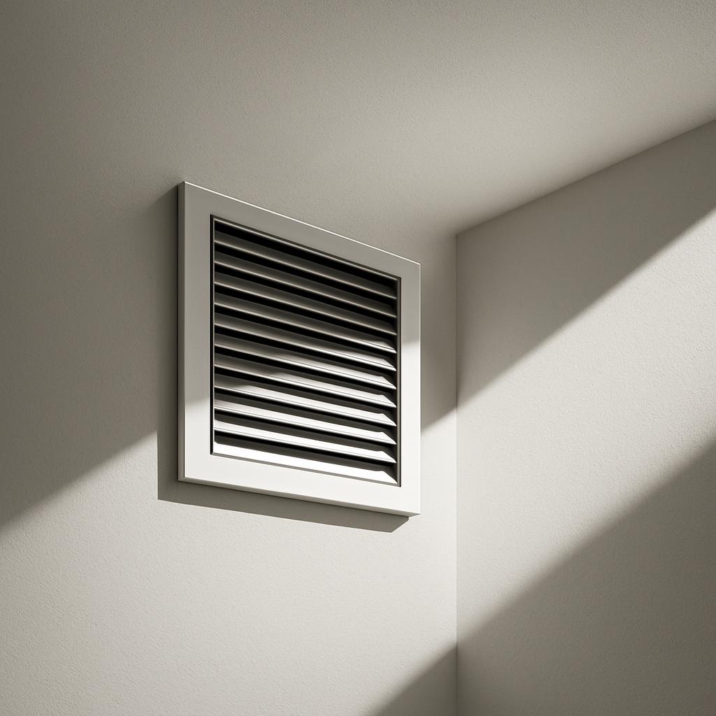 A square air vent on a white wall, angled at an interior corner and emitting light and long shadows onto the surface.